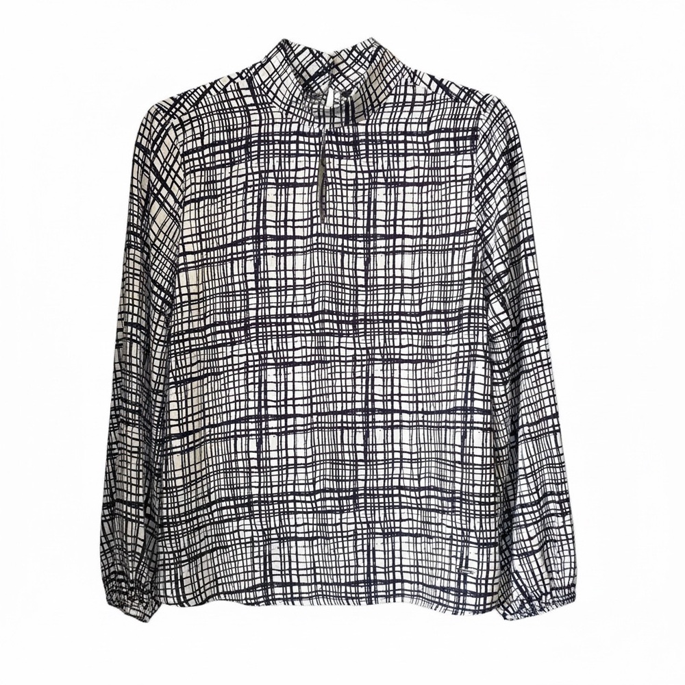 Van Heusen Navy White Grid Print Blouse Size L Long Sleeve Work Office Top NWOT